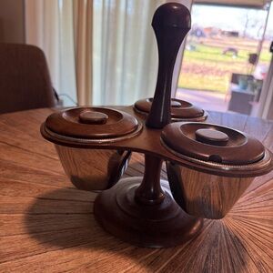 Vintage Danish modern condiment serving wooden & chrome serving set mid century